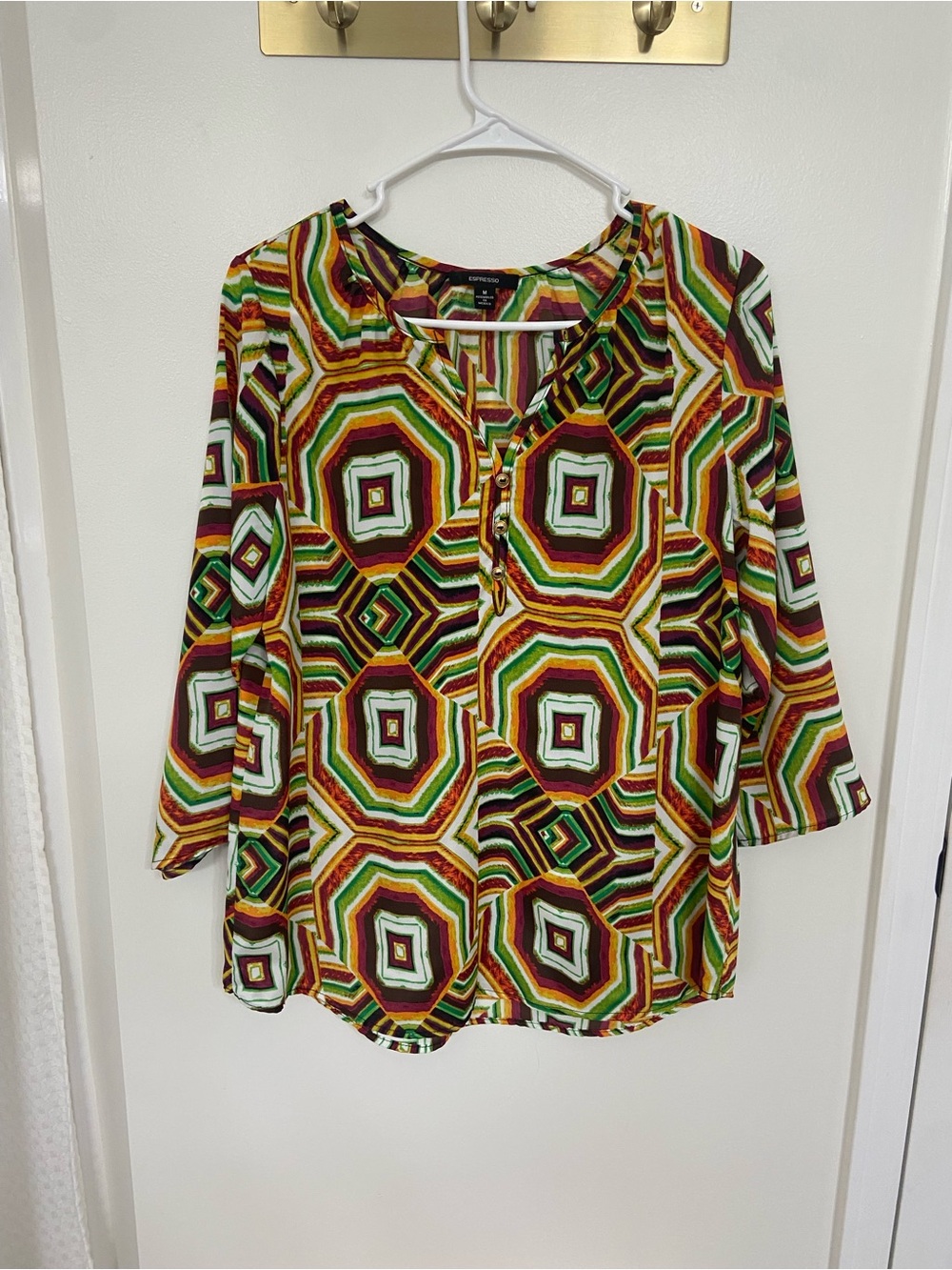 Espresso Geometric Print Blouse M Retro 70s Mod Boho Artsy Statement Top